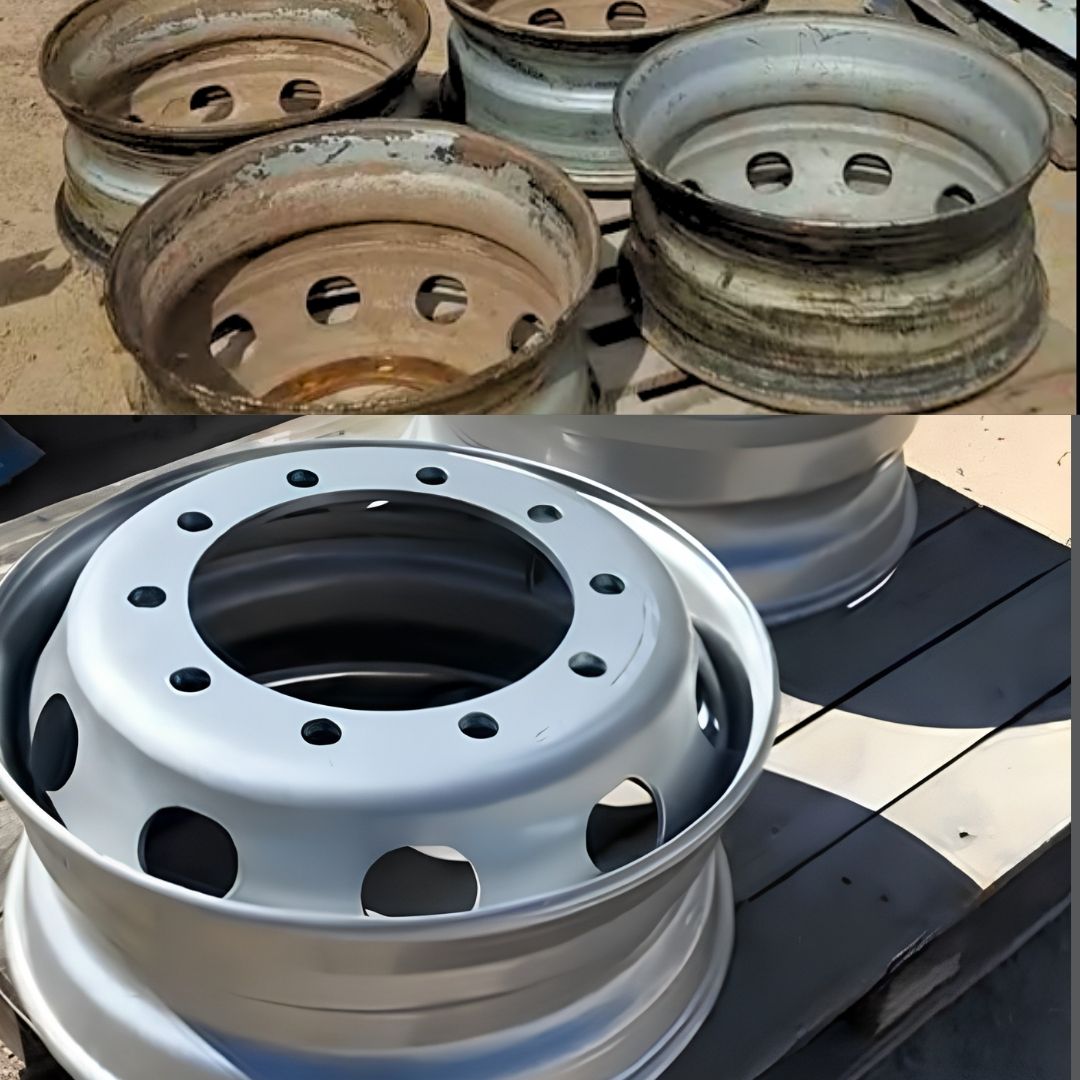 Llantas de camión antes y después de pintar